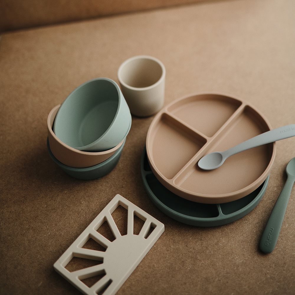 Mushie silikonski set od 2 kašike - Cambridge Blue/Shifting Sand