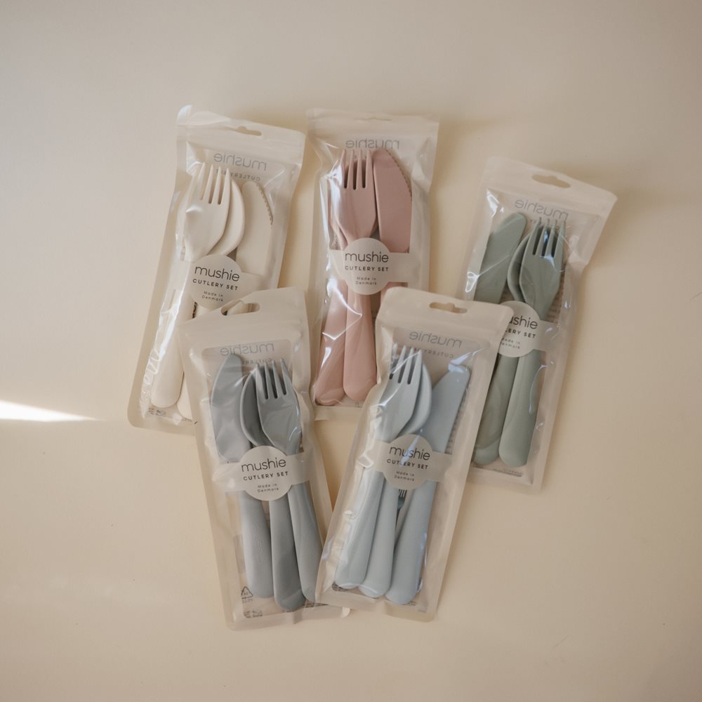 Mushie set pribora (viljuška, kašika, nož) - Blush